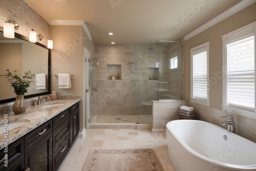 Neutral Toned Bathroom Design With Granite Bathroom Countertop And Dual Walls