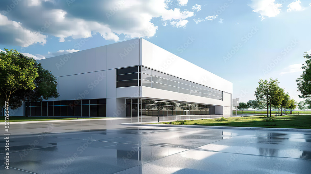 Modern office and large factory building with sky. generative ai Modern office and large factory building with sky. generative ai