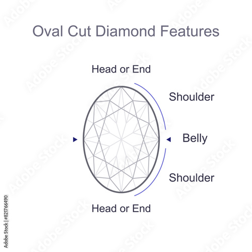 Oval cut precious gemstone anatomy, parts and their names. Outline icon with editable stroke