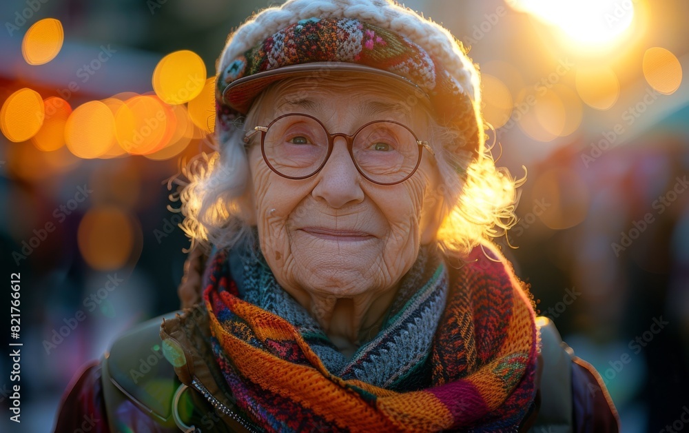 An elderly European woman wearing a hat and scarf while attending outdoor art fairs