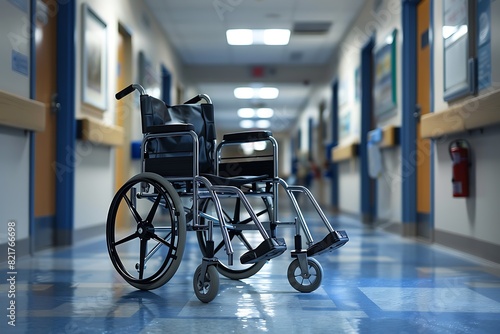 Empty wheelchair in hospital hallway