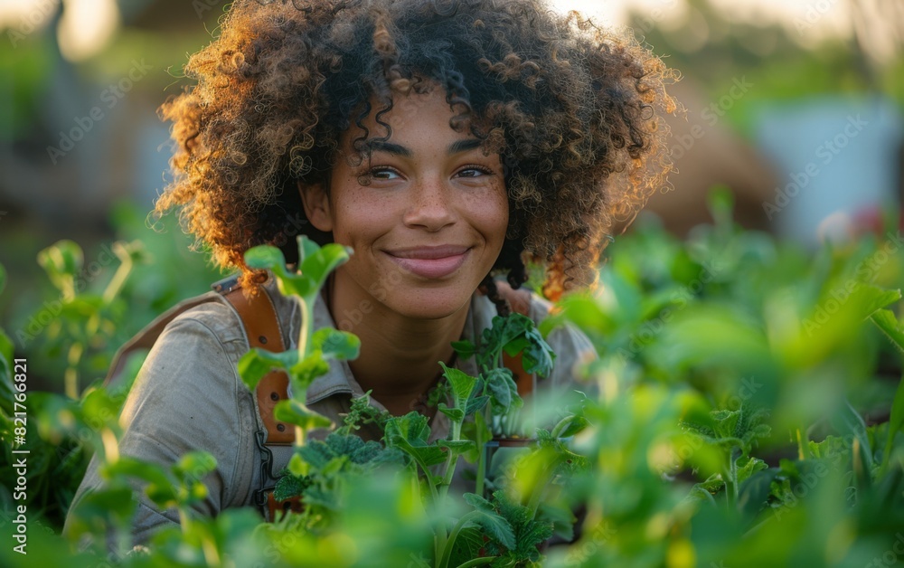 A mixed race adult woman smiles while standing in a field of lush green plants A mixed race adult woman smiles while standing in a field of lush green plants