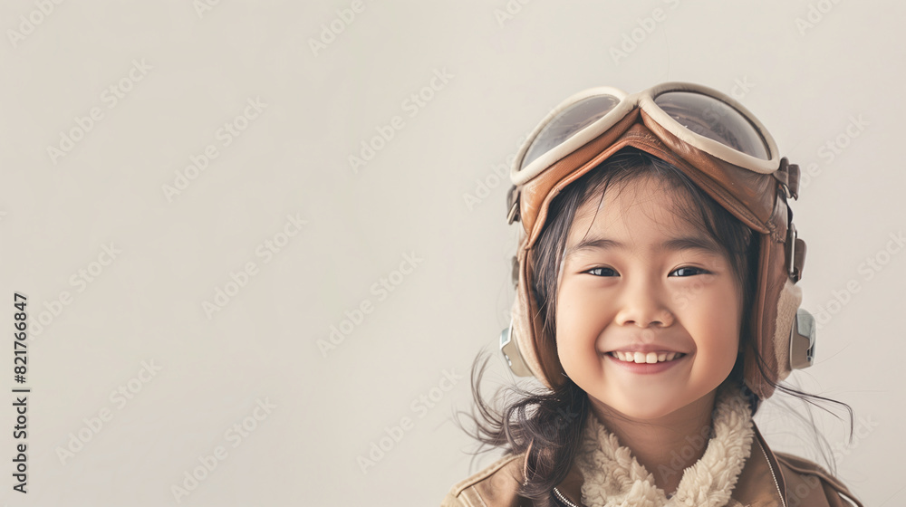 A cute happy smiling young Southeast Asian girl dresses like a pilot wearing aviator hat, ear muff and goggles on a plain white background with copy space for text. A cute happy smiling young Southeast Asian girl dresses like a pilot wearing aviator hat, ear muff and goggles on a plain white background with copy space for text.