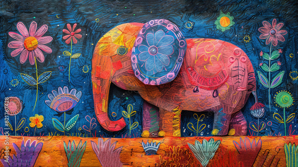 Obraz premium A painting of an elephant surrounded by daisies and flowers against a blue sky backdrop