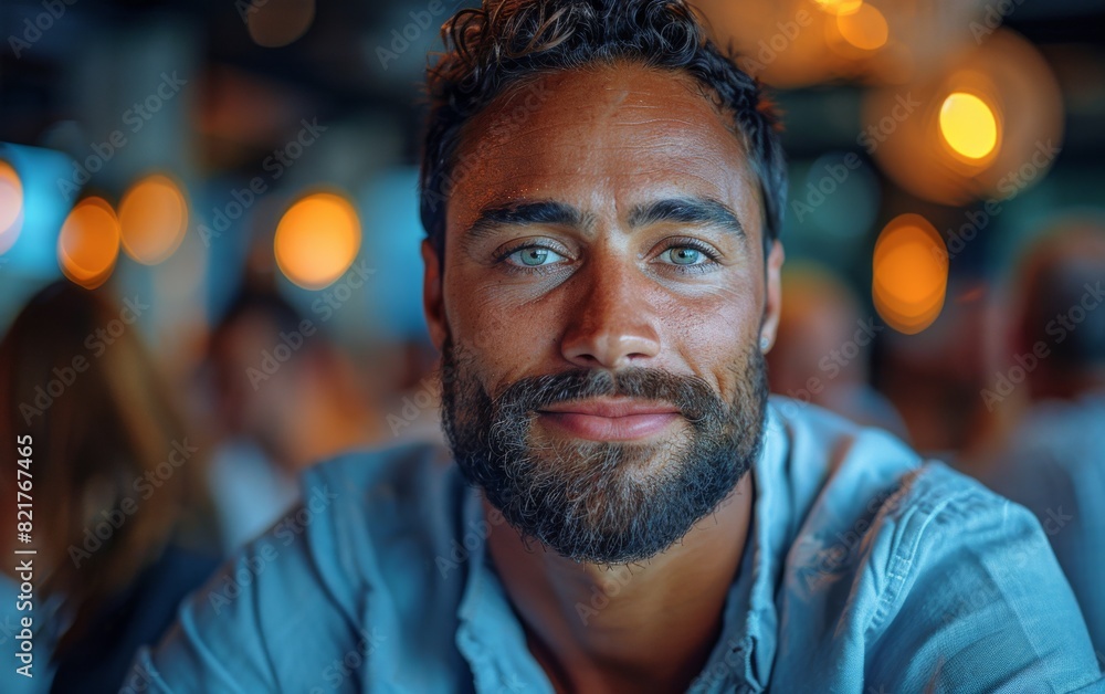 Fototapeta premium A close-up of a mixed race adult man with a beard in a business meeting setting