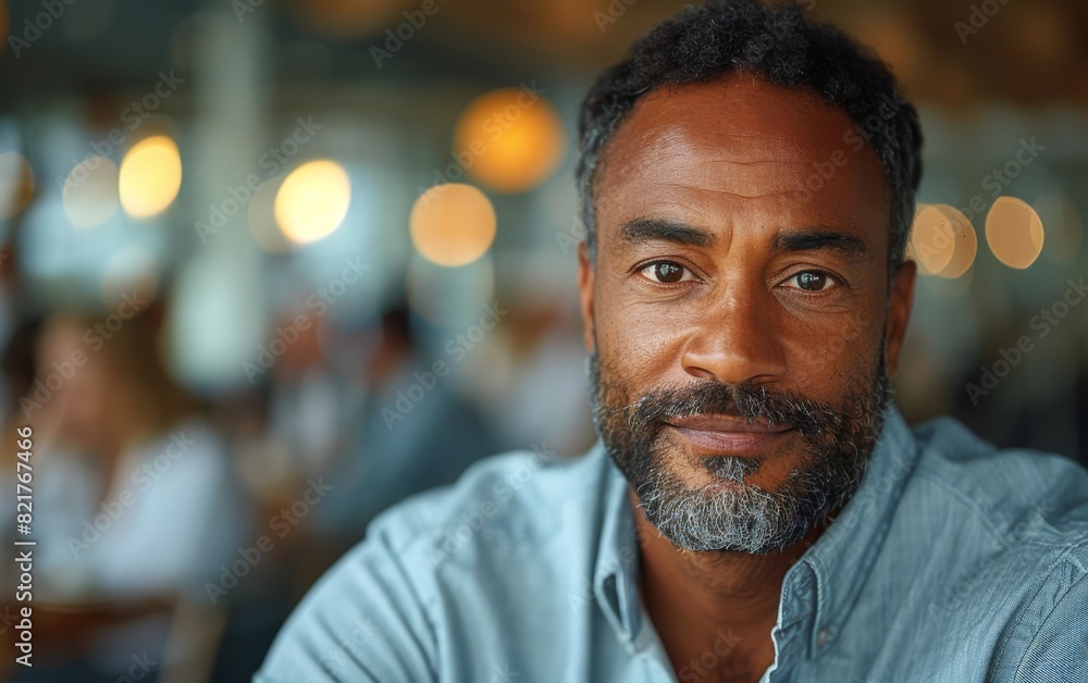 A close-up view of an adult Mixed Race person wearing a blue shirt in a business meeting setting A close-up view of an adult Mixed Race person wearing a blue shirt in a business meeting setting