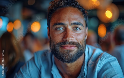 A close-up of a mixed race adult man with a beard in a business meeting setting