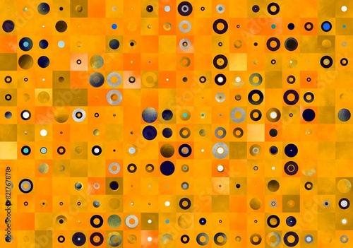 Colorful abstract pattern, from circles and rings different sizes on yellow background, textured.
