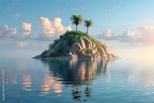 Tranquil Tropical Island Landscape with Palm Trees and Clear Blue Sky - Ideal for Travel, Nature, and Vacation Themed Designs © D