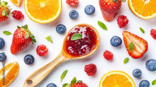 Strawberry  orange and blueberries jam with wooden spoon isolated on white background