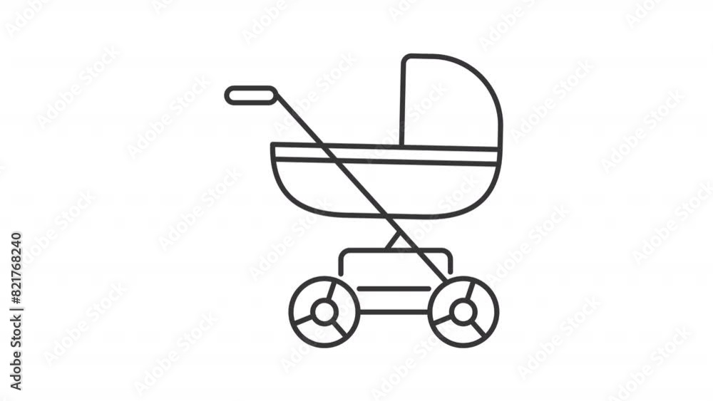 Animated baby stroller icon. Sleeping pram line animation. Wheels rolling, pushchair shaking. Childcare equipment. Black illustration on white background. HD video with alpha channel. Motion graphic Animated baby stroller icon. Sleeping pram line animation. Wheels rolling, pushchair shaking. Childcare equipment. Black illustration on white background. HD video with alpha channel. Motion graphic