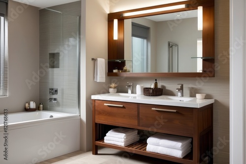 Small Bathroom Design With Wooden Vanity Unit And Quartz Bathroom Countertop