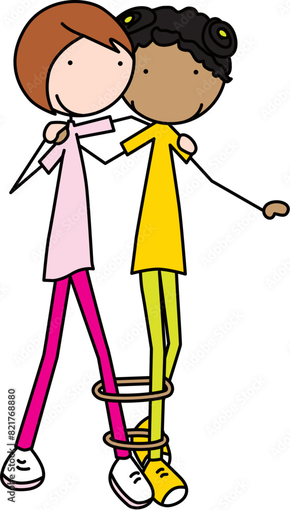 Cartoon illustration of two girls running in a three-legged race