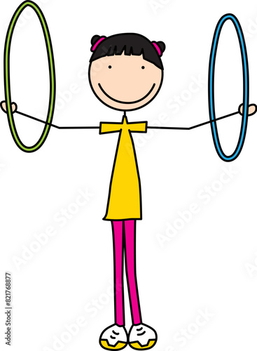 Cartoon illustration of a girl spinning hula hoop rings on both arms