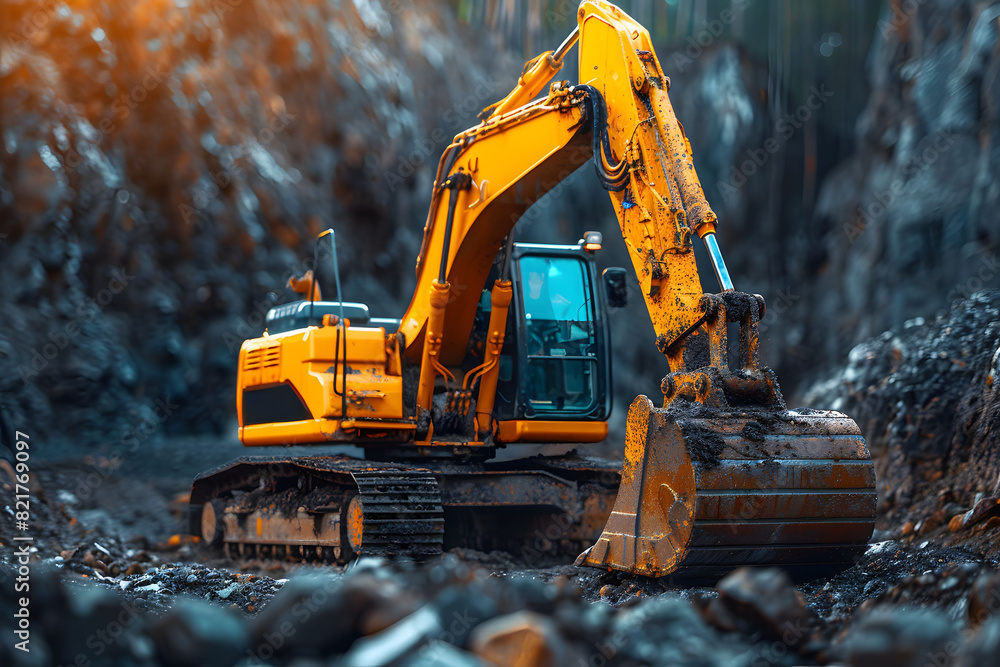 Close-up of a yellow excavator operating in a rocky construction site. is working in a rugged environment Close-up of a yellow excavator operating in a rocky construction site. is working in a rugged environment