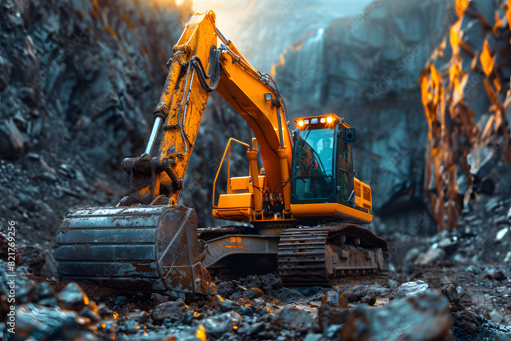 Close-up of a yellow excavator operating in a rocky construction site. is working in a rugged environment Close-up of a yellow excavator operating in a rocky construction site. is working in a rugged environment