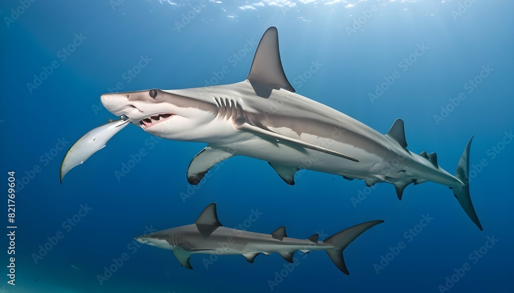 A Hammerhead Shark With A Remora Fish Swimming Alo Upscaled 3