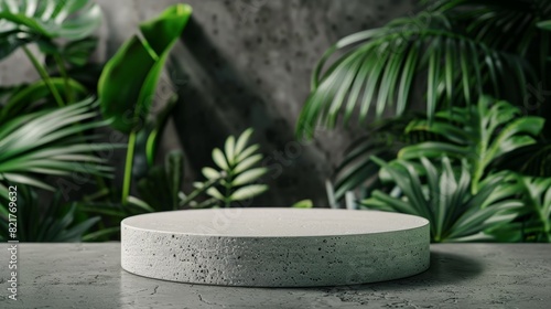 A round gray stone podium stands elegantly against a backdrop of lush tropical leaves, creating the perfect natural setting to display cosmetics products. This mockup highlights the empty pedestal © peerawat