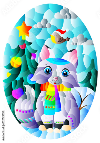 Illustration in the style of a stained glass window with a cartoon fox on the background of a winter landscape