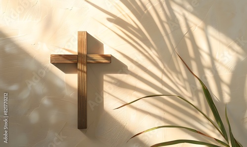 A wooden crucifix casts a shadow of palm leaves , Generative AI