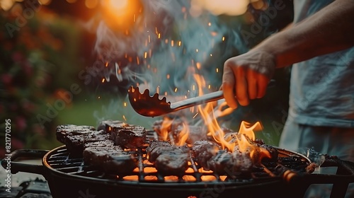 A person is cooking meat on a grill. photo