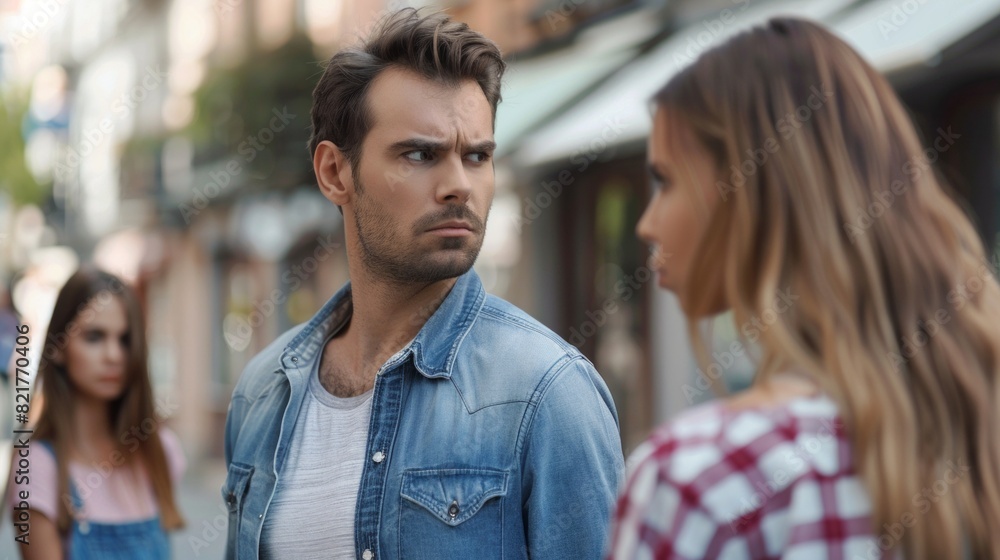 young man with two young woman, love triangle, outdoors shot young man with two young woman, love triangle, outdoors shot
