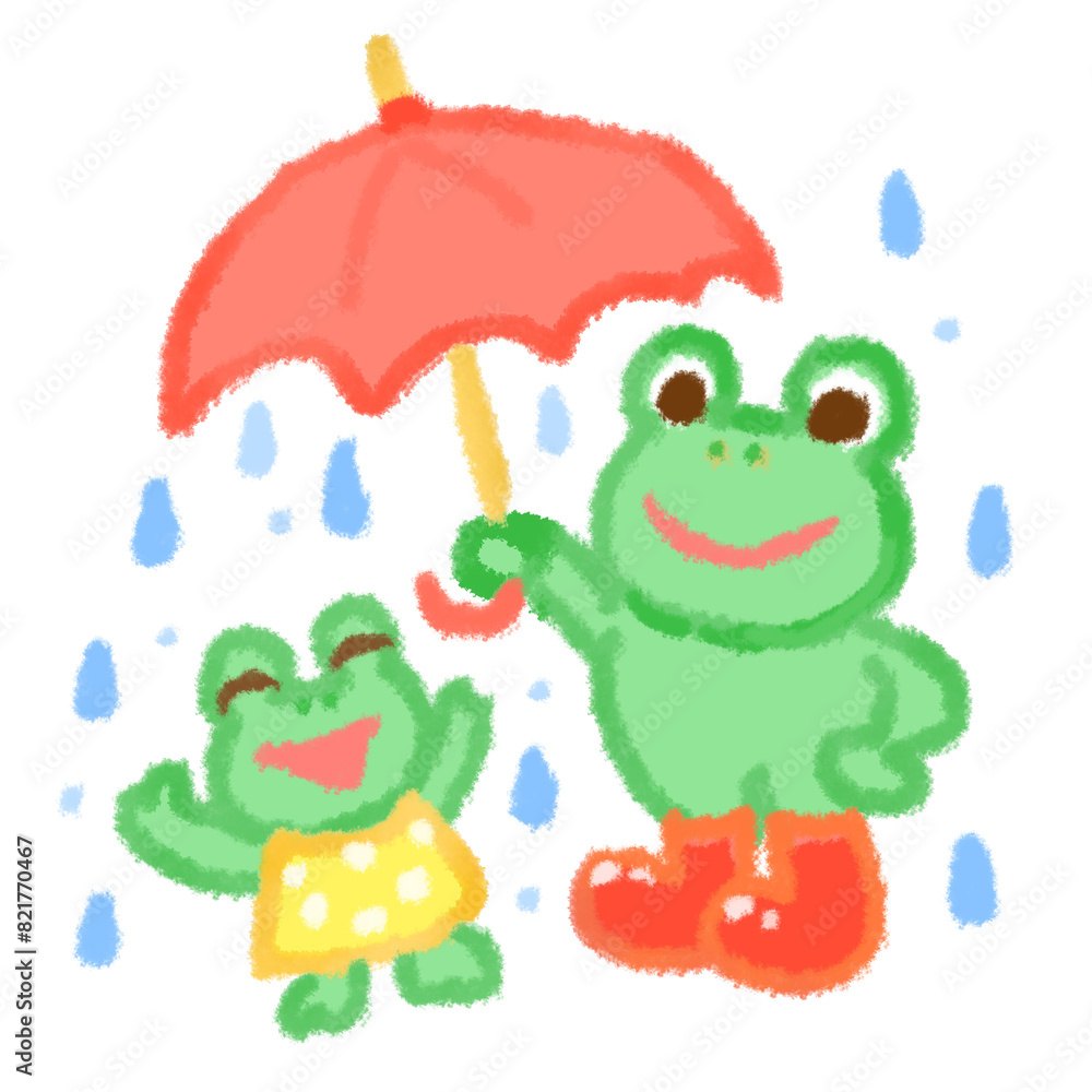 Obraz premium 子蛙に傘を差してあげる親蛙