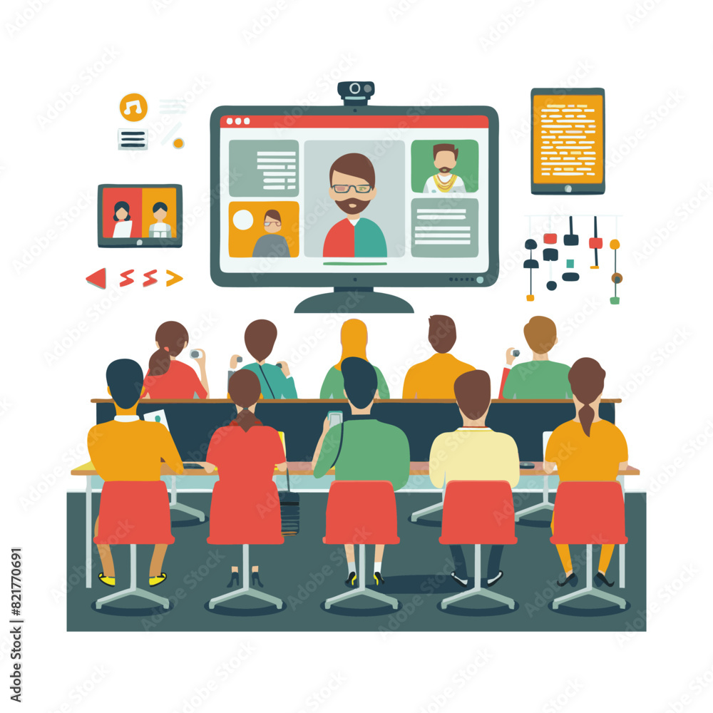 vector illustration of people using video in online learning vector illustration of people using video in online learning