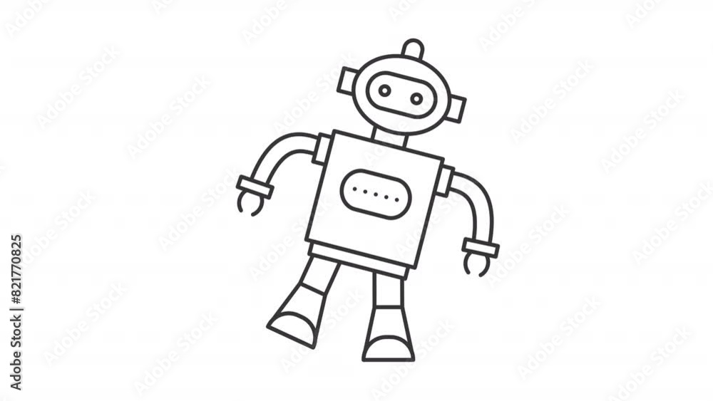 Animated toy robot icon. Mechanical doll line animation. Eyes scaling, hands shaking. Mechanical accessory. Black illustration on white background. HD video with alpha channel. Motion graphic Animated toy robot icon. Mechanical doll line animation. Eyes scaling, hands shaking. Mechanical accessory. Black illustration on white background. HD video with alpha channel. Motion graphic