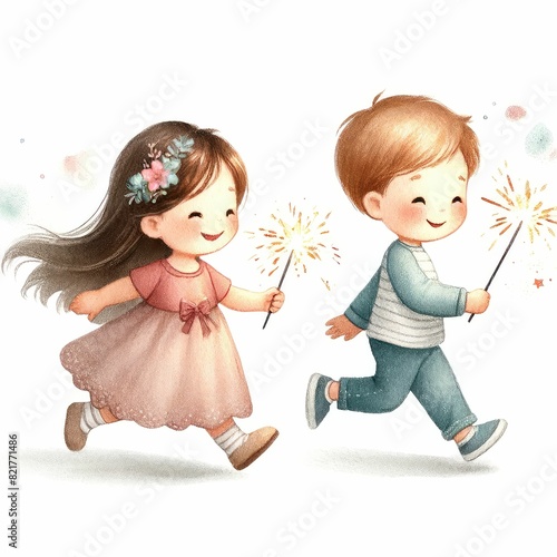Children running with sparklers. watercolor illustration, Perfect for nursery art, simple clipart, single object, white color background. 