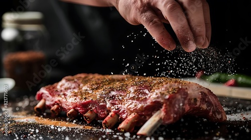 Fototapeta Naklejka Na Ścianę i Meble -  male chef puts salt and spices on Raw piece of meat on a dark background.