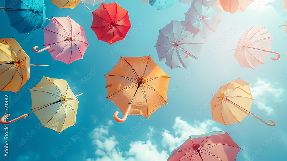 A beautiful day with colorful umbrellas floating in the sky. A beautiful day with colorful umbrellas floating in the sky.
