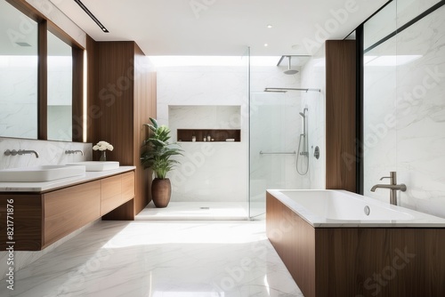 White Marble And Wood Bathroom Design With Glass Partition