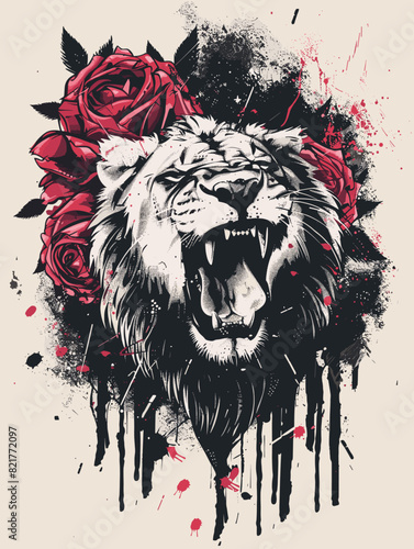 Lion head with red roses in grunge style. Vector illustration