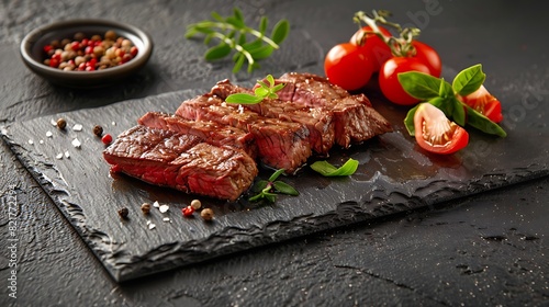sliced beef grill steak with green asparagus, dark background sliced beef grill steak with green asparagus, dark background