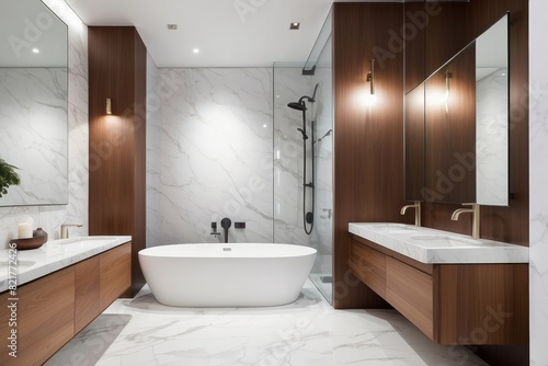 White Marble And Wood Bathroom Design With Glass Partition