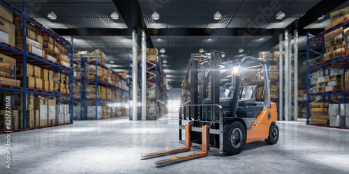 Forklift inside a large warehouse with numerous items and rows of shelves with boxes - 3D Visualization