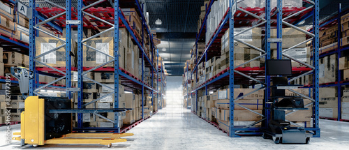 Large warehouse with numerous items. and rows of shelves with boxes - panoramic 3D Visualization