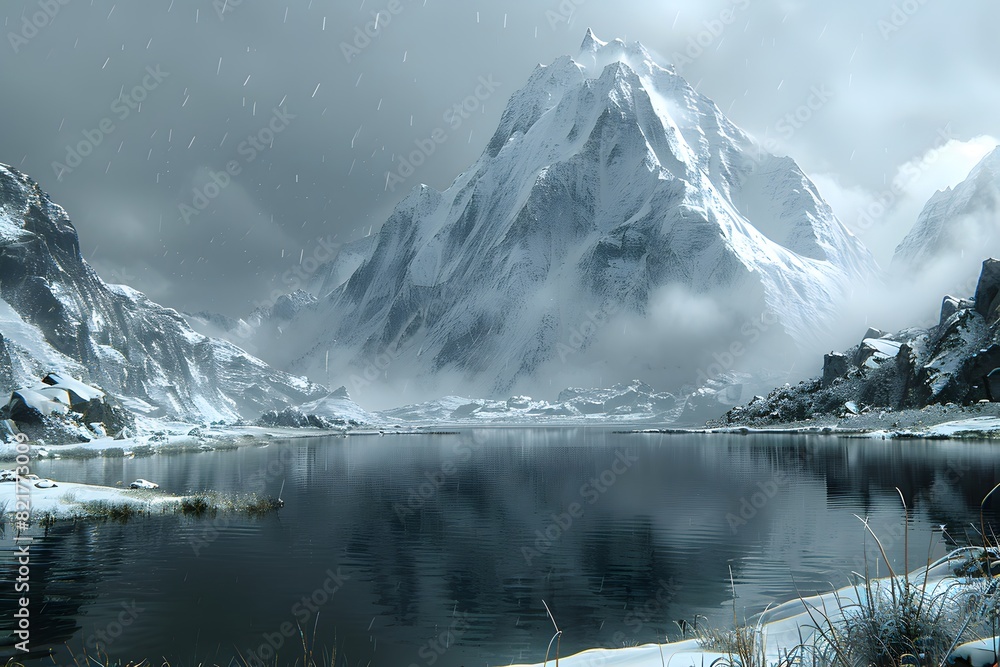 Naklejka premium Majestic Snowy Mountain Landscape with Serene Lake and Falling Snow - Winter Nature Stock Photo