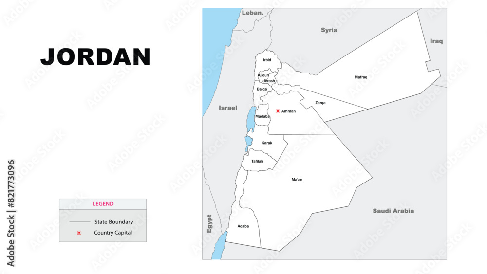 Jordan Map. State and district map of Jordan. Administrative map of Jordan with district and capital in white color.