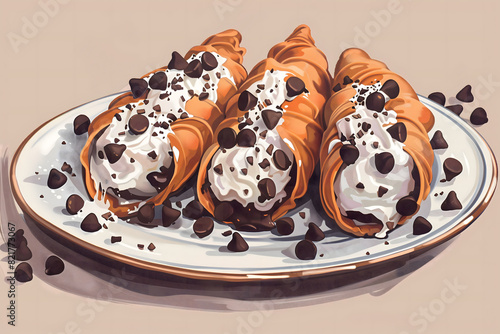 An illustration of a plate of cannoli, showcasing their crispy, golden shells filled with a creamy filling and dotted with chocolate chips photo