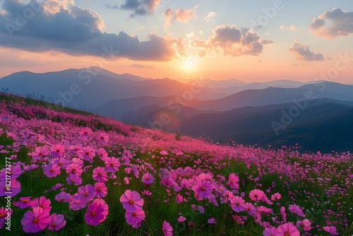 Scenic Mountain Sunset over Flower Field Panorama - Perfect for Nature Print Designs