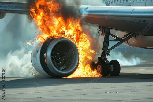 Airplane Engine on Fire During Emergency on the Runway photo