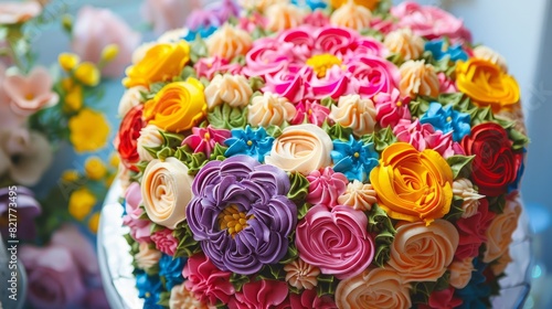 A cake decorated with vibrant-colored flowers in the style of baroque art. Generative AI