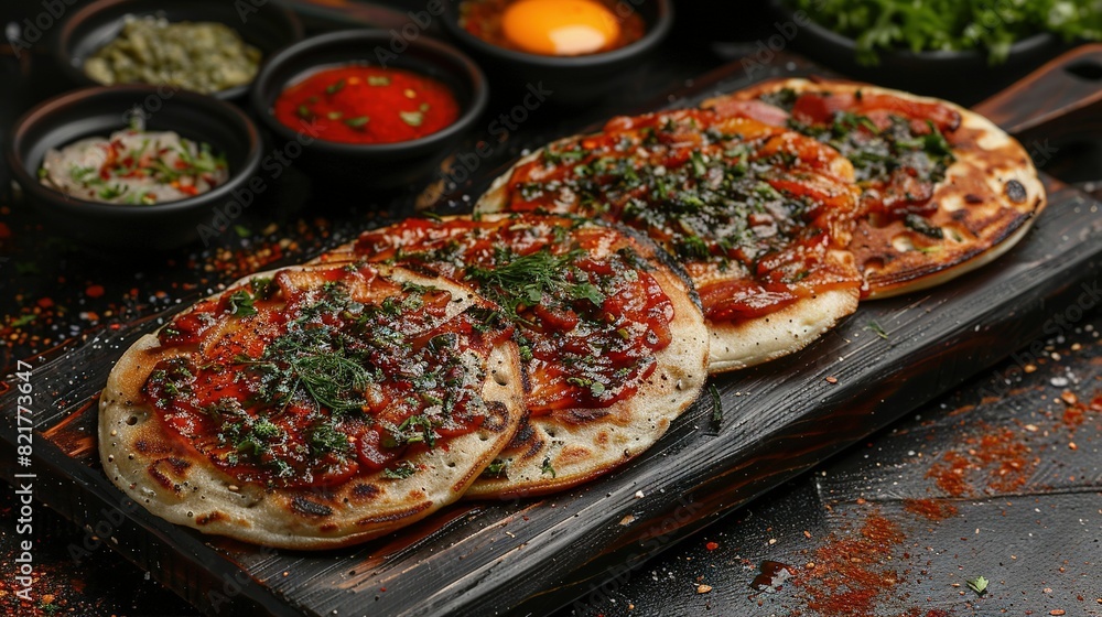 A few pizzas with sauce and seasonings on a wooden cutting board A few pizzas with sauce and seasonings on a wooden cutting board