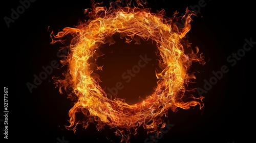 An elegant, super realistic depiction of a circle of fire flame with dynamic movement on a black background.