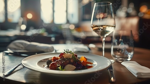 cuisine food dish in a very atmospheric restaurant setting with bright daylight and wine on the table