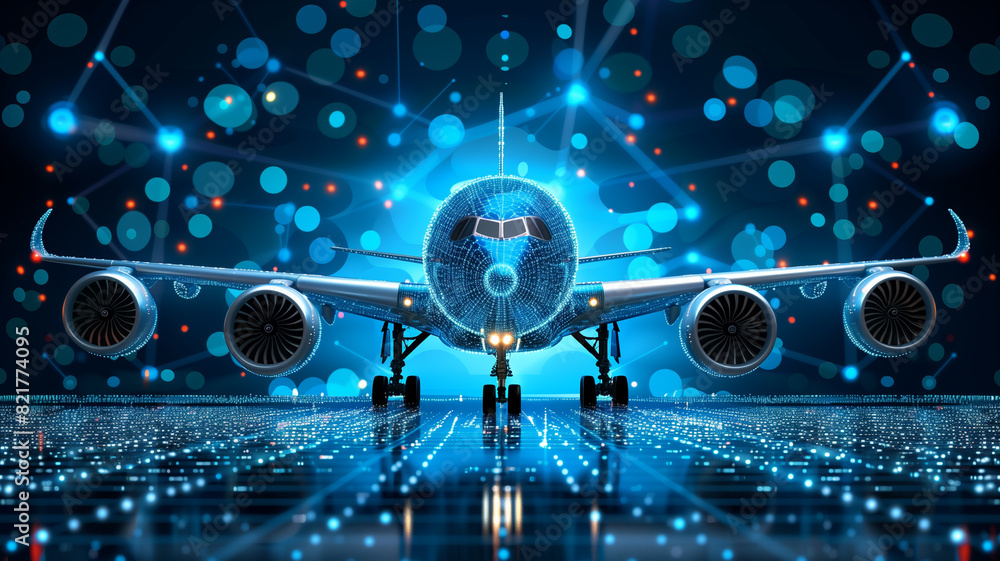 Obraz premium Plane with hologram data network background.