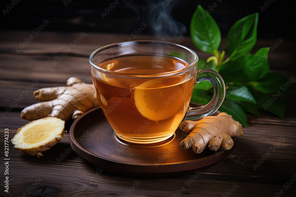 Cup of ginger tea with ginger slices on wooden board Cup of ginger tea with ginger slices on wooden board