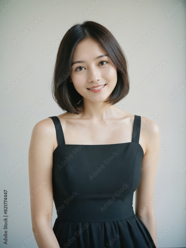 30 years old asian beautiful woman in black sundress bob shoulder length hair in white studio background 30 years old asian beautiful woman in black sundress bob shoulder length hair in white studio background